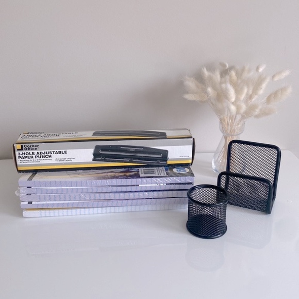 Office supplies: 3 hole punch, 750 sheets lined paper &  2 desktop organizers